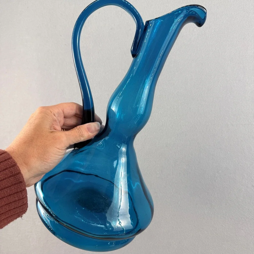 Vintage Blue Art Glass Pitcher Hand Blown 13